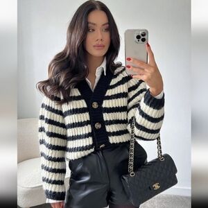 Zara Black and White Striped Chunky Knit Cardigan